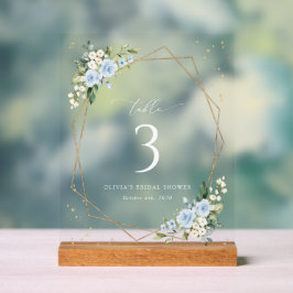Blauwe bloemen, witte bloemen, boho, tafelnummers acryl bord