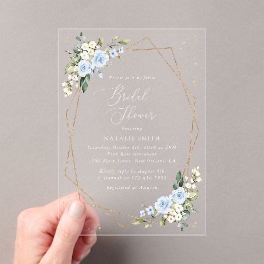 Blauwe bloemen, witte bloemen, Boho, Vrijgezellenf Acryl Uitnodigingen (Insitu (Draagbaar))