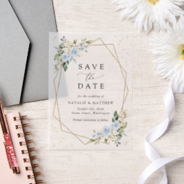 Blauwe bloemen, witte bloemen, bruiloft save the d vellum uitnodigingen