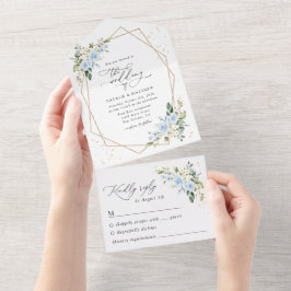 Blauwe bloemen, witte bloemen, groen, bruiloft all in one uitnodiging