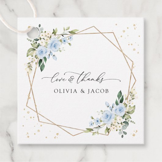 Blauwe bloemen, witte bloemen, groen, bruiloft bedankjes labels (Voorkant)