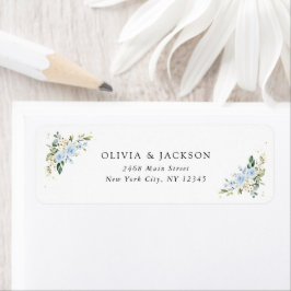 Blauwe bloemen, witte bloemen, groen, bruiloft etiket
