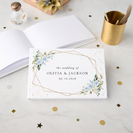 Blauwe bloemen, witte bloemen, groen, bruiloft gastenboek