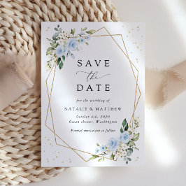Blauwe bloemen, witte bloemen, groen, bruiloft save the date