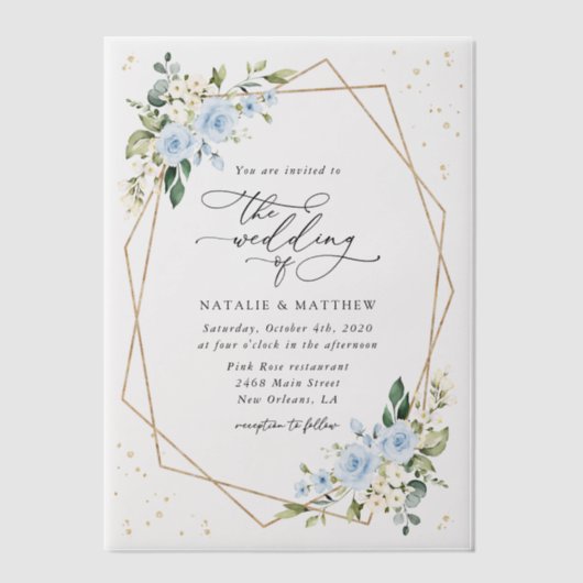 Blauwe bloemen, witte bloemen, groen, bruiloft vellum uitnodigingen (Voorkant)