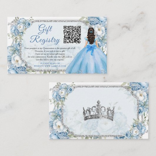 Blauwe Bloemen Zilver Quinceañera QR Gift Registry Informatiekaartje (Voorkant / Achterkant)