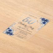 Blauwe Bloemen Zilveren Glitter Drips 50ste Verjaa Acryl Uitnodigingen (Laagn)