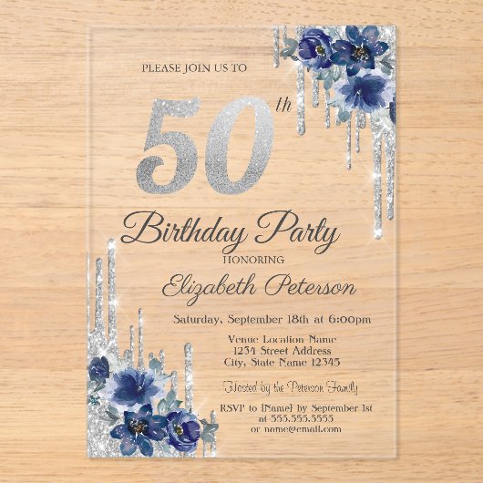 Blauwe Bloemen Zilveren Glitter Drips 50ste Verjaa Acryl Uitnodigingen (Voorkant)