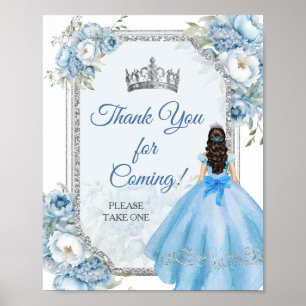 Blauwe Bloemen Zilveren Kroon Quinceañera Dank u Poster