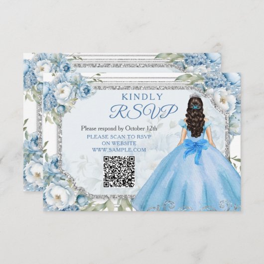 Blauwe Bloemen Zilveren Kroon Quinceañera QR RSVP Bedankkaart (Voorkant / Achterkant)