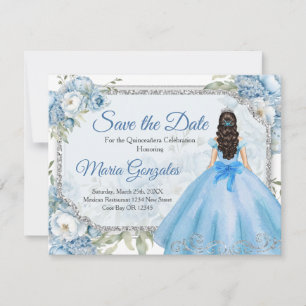 Blauwe Bloemen Zilveren Kroon Quinceañera Save the Bedankkaart