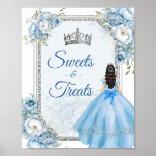 Blauwe Bloemen Zilveren Kroon Quinceañera Snoepjes Poster
