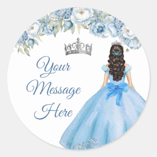 Blauwe Bloemen Zilveren Kroon Quinceañera Uw beric Ronde Sticker (Voorkant)