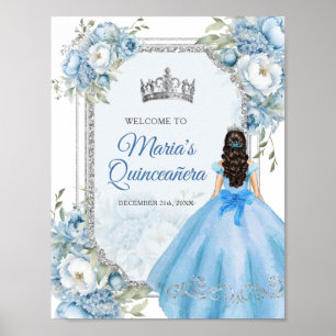 Blauwe Bloemen Zilveren Kroon Quinceañera Welkom Poster