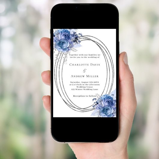 Blauwe bloemen zilveren lijst bruiloft kaart