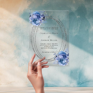 Blauwe bloemen zilveren lijst Clear bruiloft Acryl Uitnodigingen