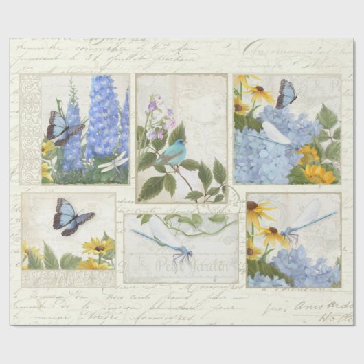 Blauwe bloemen Zonnebloemen Dragonfly Script Decou Cadeaupapier (Vlak)