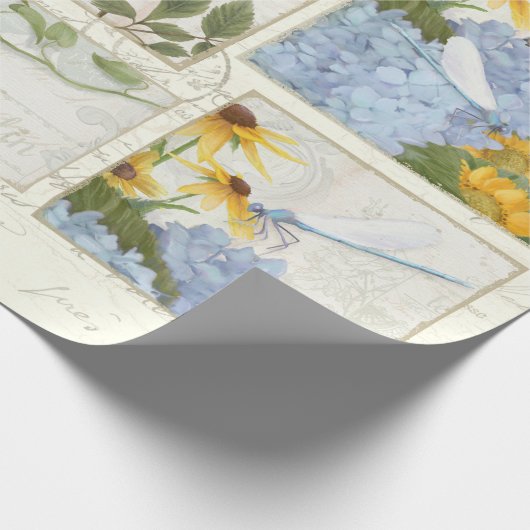 Blauwe bloemen Zonnebloemen Dragonfly Script Decou Cadeaupapier (Hoek)