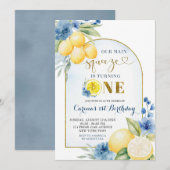 Blauwe bloemencitroen Main Squeeze Eerste Verjaard Kaart (Voorkant / Achterkant)