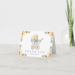 Blauwe bloemencode baby shower bedankkaart