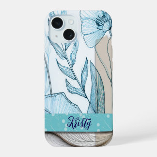 Blauwe bloemencollage iPhone hoesje, turquoise en 15 Hoesje
