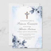 Blauwe bloemeneerste communieuitnodiging in het Sp Kaart (Voorkant)