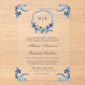 Blauwe Bloemenkam Monogram Huwelijk Acryl Uitnodigingen (Voorkant)