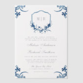 Blauwe Bloemenkam Monogram Huwelijk Vellum Uitnodigingen (Voorkant)