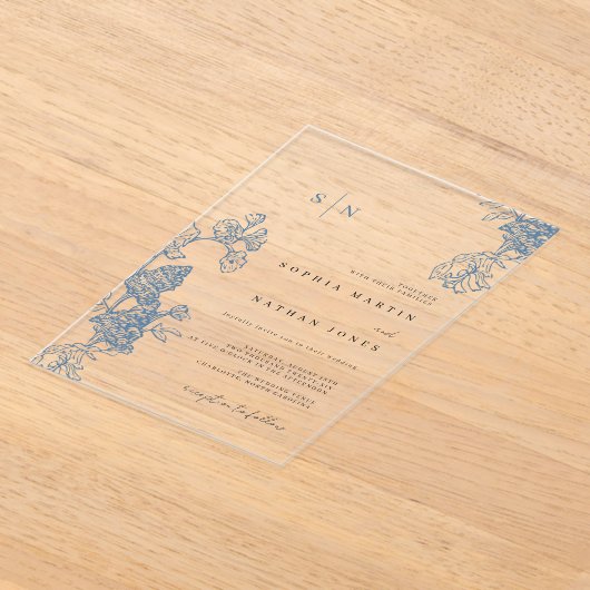 Blauwe Bloemenkant Clear Wedding Acryl Uitnodigingen (Laagn)