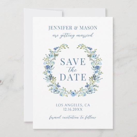 Blauwe bloemenkrans bohemian Save the Date Kaart (Voorkant)