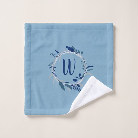 Blauwe Bloemenkrans Custom Monogram Stripes Bad Handdoek (Wasdoekje)