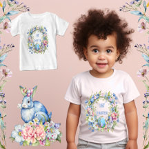 Blauwe bloemenkrans Konijn Roze Bloemen 1ste Pasen