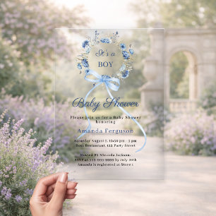 Blauwe bloemenkrans lint jongen luxe Baby Shower Acryl Uitnodigingen