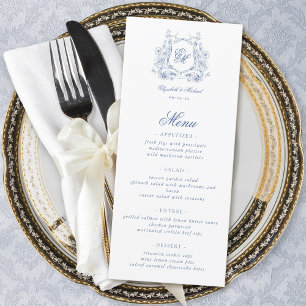 Blauwe Bloemenkroon Monogram Elegante Trouw Menu