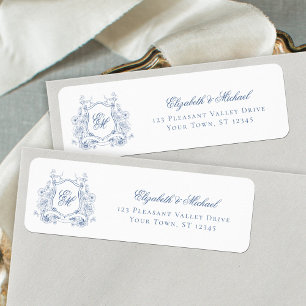 Blauwe Bloemenkroon Monogram Huwelijksretouradres Etiket