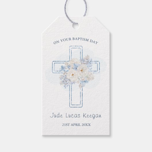 Blauwe Bloemenkruis doop Cadeaulabel (Voorkant)