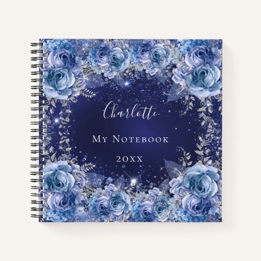 Blauwe bloemennaam elegant notitieboek (Voorkant)