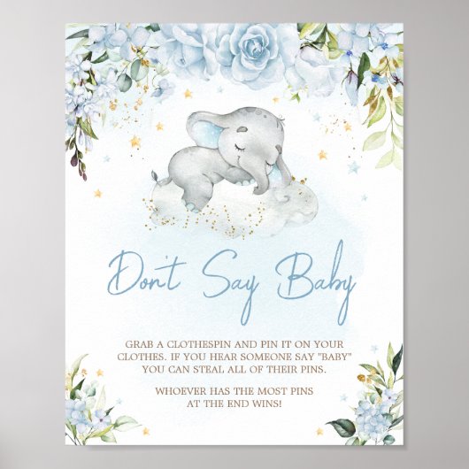 Blauwe bloemenolifant Baby shower zeg geen Baby Poster (Voorkant)
