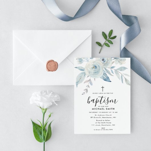 Blauwe bloemenschrift doop kaart