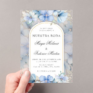 Blauwe Bloementuin Nuestra Boda Spaanse bruiloft Acryl Uitnodigingen