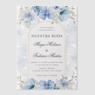 Blauwe Bloementuin Nuestra Boda Spaanse bruiloft Vellum Uitnodigingen