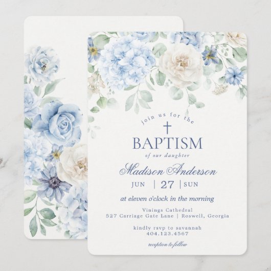 Blauwe Bloemhortensia Botanische Bloemen Doop Kaart (Voorkant / Achterkant)