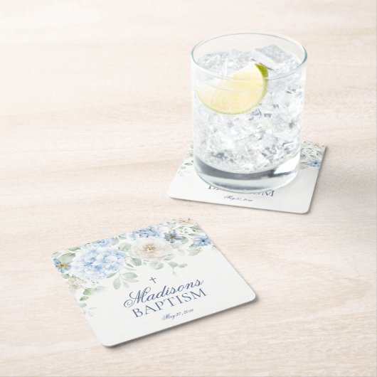 Blauwe Bloemhortensia Botanische Bloemen Doop Vierkante Kartonnen Onderzetter (Insitu)