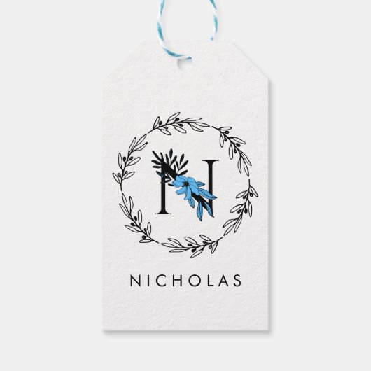 Blauwe Bloemige Aangepaste Monogram - Letter N Cadeaulabel (Achterkant)