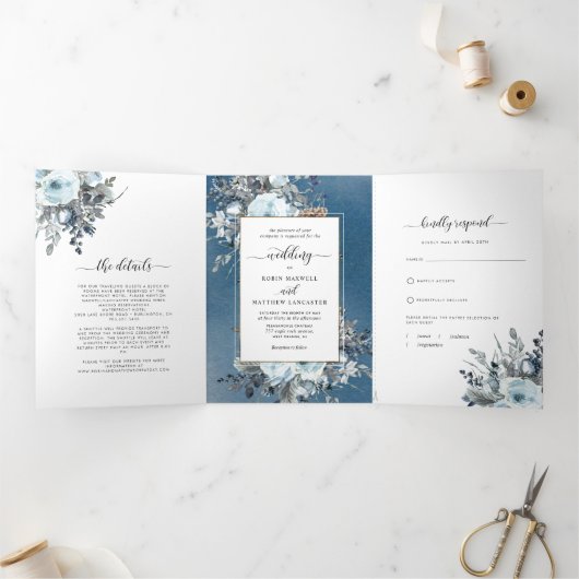 Blauwe bloemige all-in-one bruiloft met RSVP Drieluik Uitnodiging (Binnen)