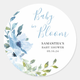 Blauwe bloemige baby in bloei jongens douche ronde sticker