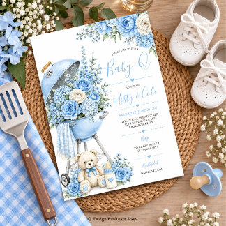 Blauwe Bloemige Baby-Q Baby Shower BBQ Uitnodiging