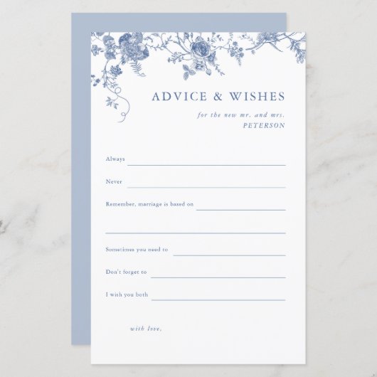 Blauwe bloemige bruidsbruiloft advies & wensen kaa (Voorkant / Achterkant)