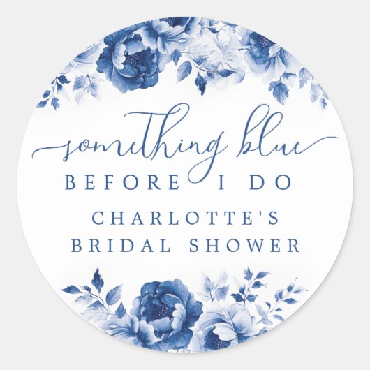 Blauwe bloemige bruidsdouche ronde sticker (Voorkant)