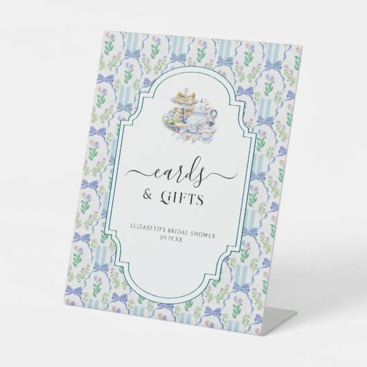 Blauwe Bloemige Coquette Theepartij | Kaarten & Ge Reclamebord Met Voetstuk (Voorkant)